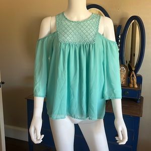 Sunset & Sixth Turquoise Cold Shoulder Lace Blouse